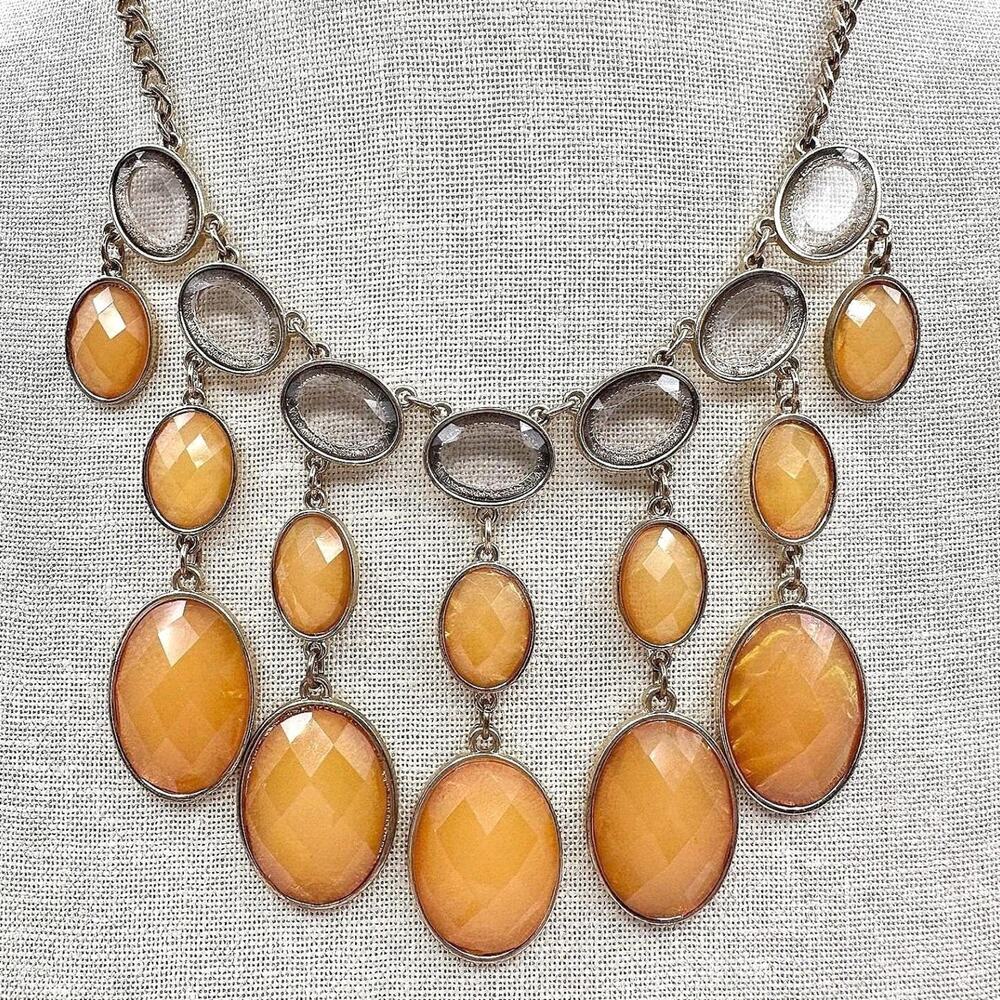 Vintage Gold Tone Chunky Chain Necklace Statement Bold Amber Color Bib Boho Y2K
